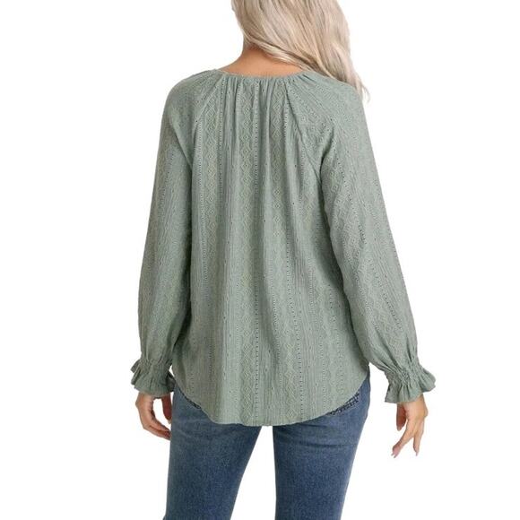 Frye Womens XL Textured Long Sleeve Peasant Blouse Sea Green Hippie Bohemian - Picture 3 of 9